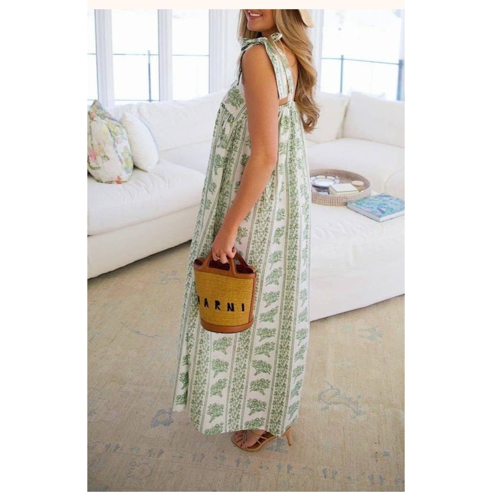 Womens Floral Stripe Maxi Dress 2XL Green White Tie Shoulder Boho Cottage Beach - Picture 2 of 9